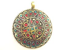Load image into Gallery viewer, Tibetan Pendant Turquoise Coral inlay 2 Inch Gold Brass Plated - Large TPxx-A - BeadPrism