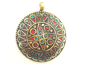 Tibetan Pendant Turquoise Coral inlay 2 Inch Gold Brass Plated - Large TPxx-A - BeadPrism