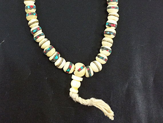 8mm Nepal Mala, Tibetan white bone prayer beads, Buddhist 108 Beads, white Red Turquoise - Mala583 - BeadPrism