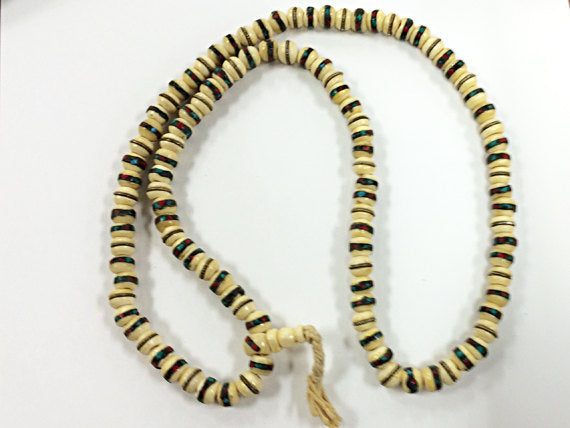 8mm Nepal Mala, Tibetan white bone prayer beads, Buddhist 108 Beads, white Red Turquoise - Mala583 - BeadPrism