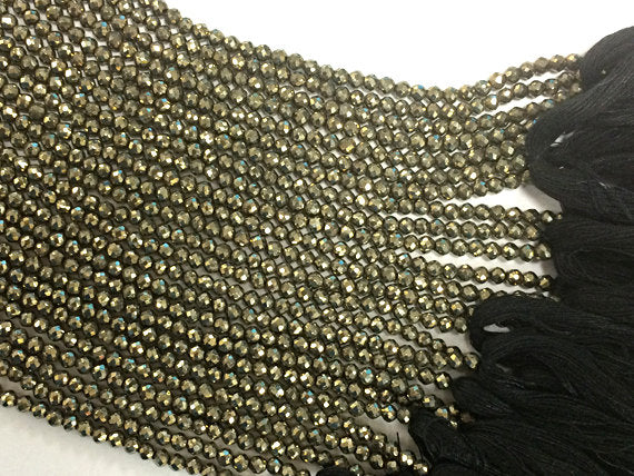 3.5mm Natural Pyrite Round Faceted Beads strand, 100 beads approx. Jaipur Cut - SPYR111 - BeadPrism