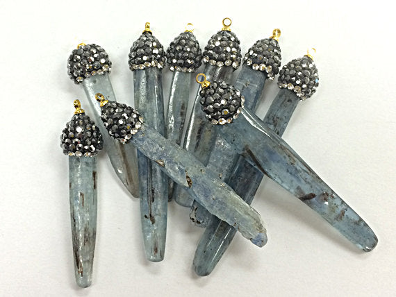 Raw Natural  Kyanite Pendant with Pave set Black quartz zircon crystal cap, 2.2" - 2.6" - BeadPrism
